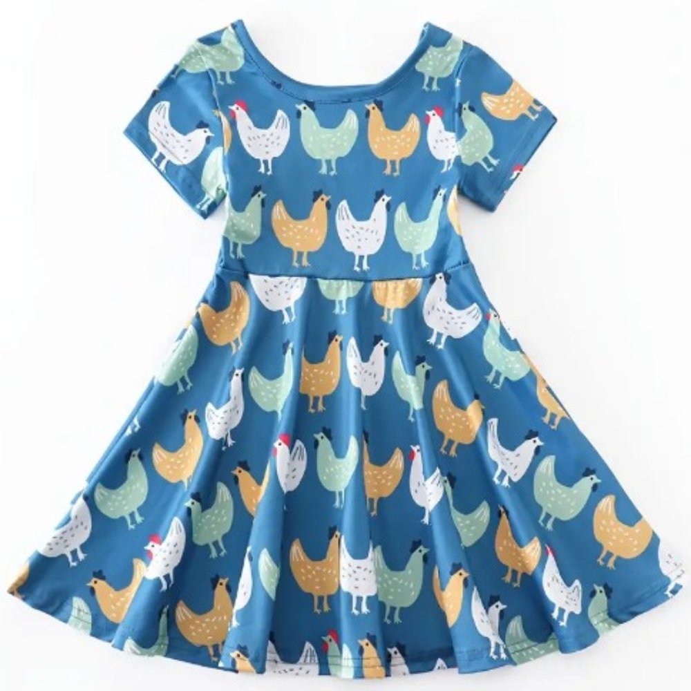 Boutique Farm Chicken Hen Girls Blue Short Sleeve Dress